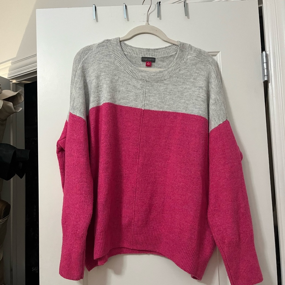 Vince Camuto Pink and Light Gray Colorblock Crewneck Sweater